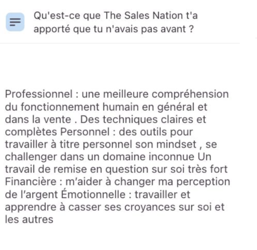 Retour écrit d'un membre de The Sales Nation 2