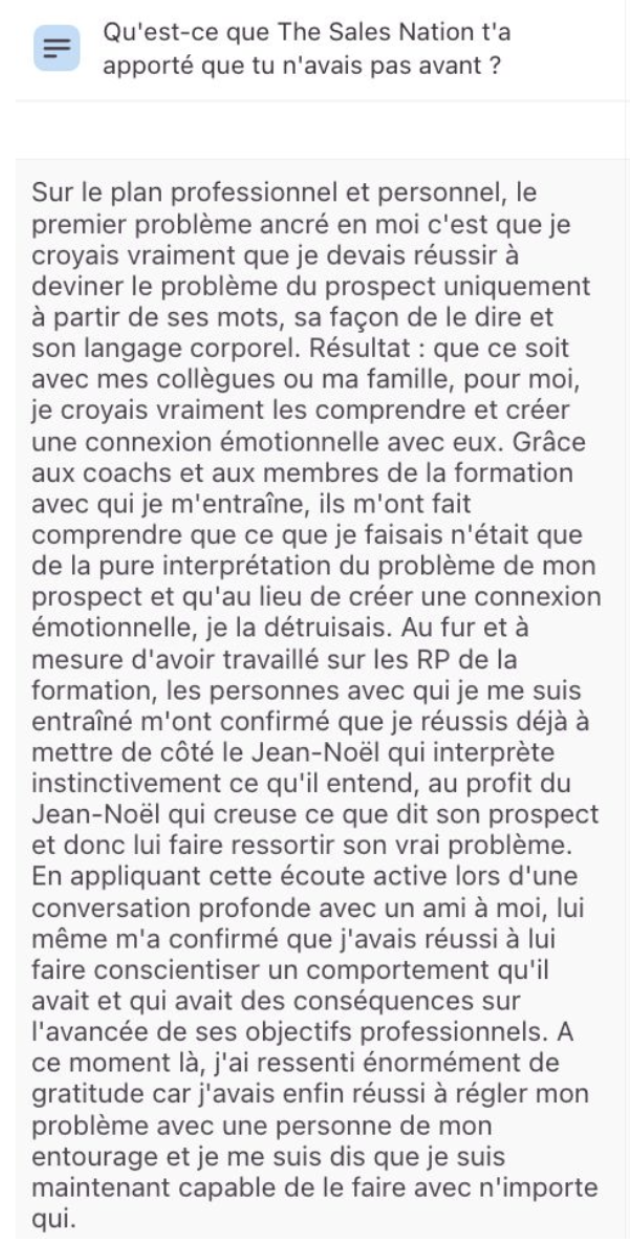 Retour écrit d'un membre de The Sales Nation 5