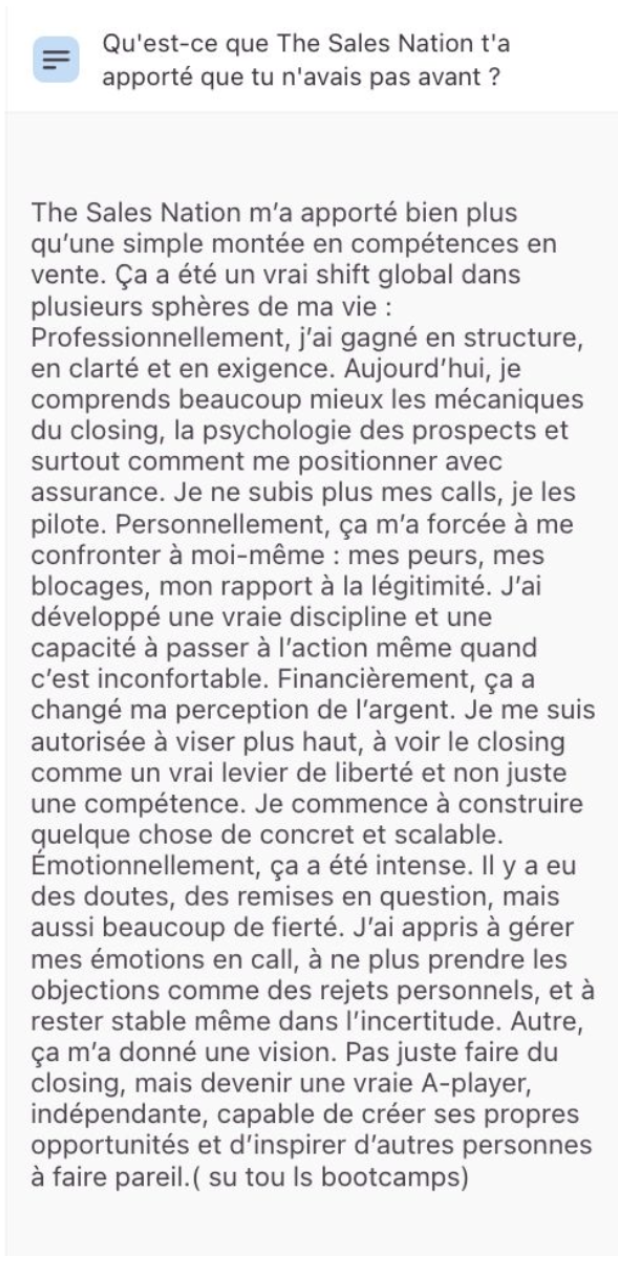 Retour écrit d'un membre de The Sales Nation 7