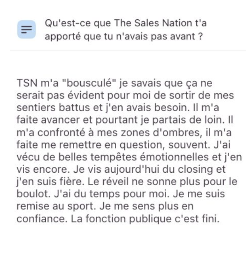 Retour écrit d'un membre de The Sales Nation 9